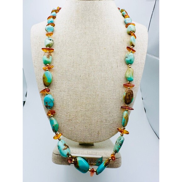 Natural Baltic amber genuine turquoise beaded Necklace 28”